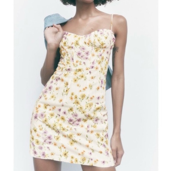 Zara Floral‎ Sweetheart Neckline Mini Dress White Purple Yellow Size Small - Picture 3 of 10